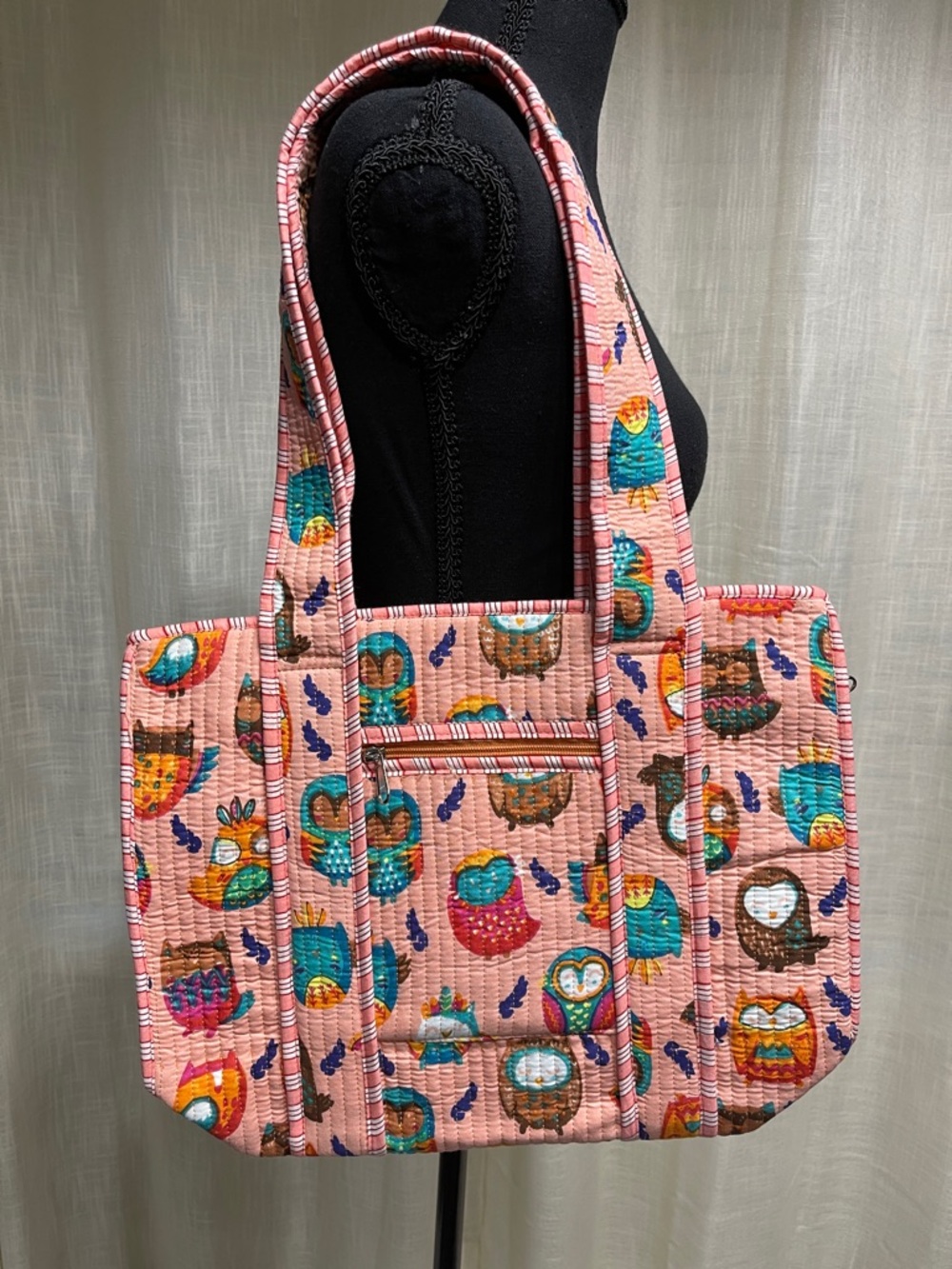(New) Quilted Pink Owl Print Tote Bag - Unbranded